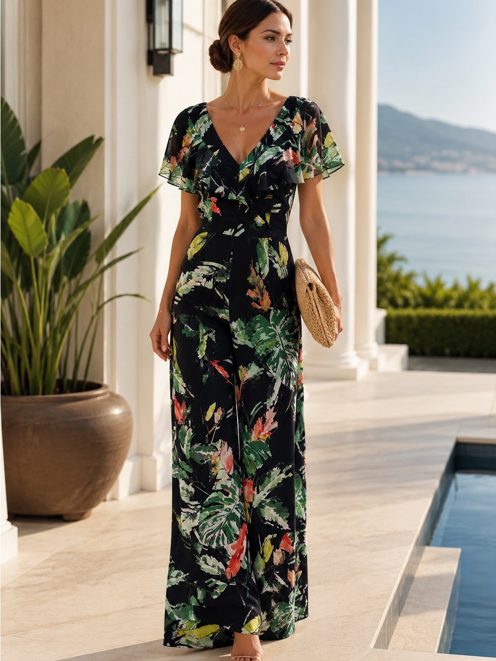 Adelyn Rae XS Tropical Floral Wide Leg Jumpsuit Open Back Ruffle Sleeve Boho